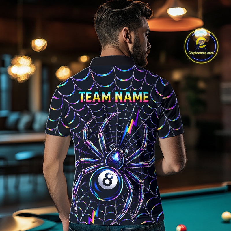 Male model wearing Rainbow Neon Spider pool jersey featuring vibrant spider web graphics, personalized tournament apparel, cue sports performance clothing inspired by fantasy art, gaming and streetwear
