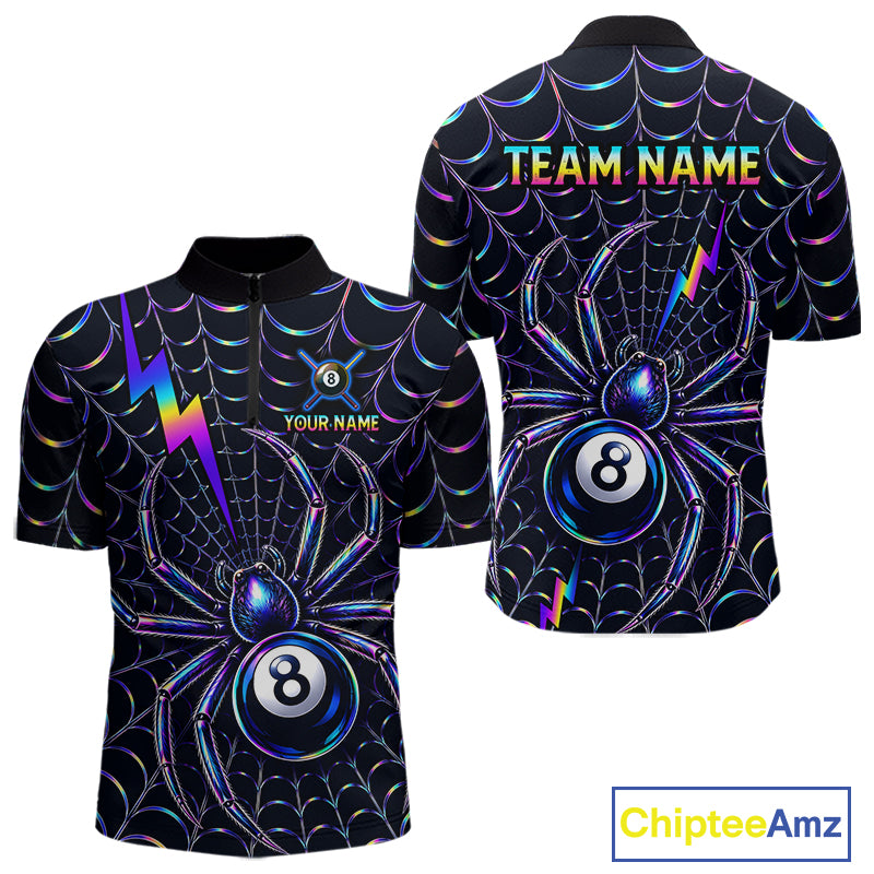 Rainbow Neon Web men's quarter-zip billiard jersey featuring rainbow neon spider web graphics, personalized championship pool tournament apparel, custom cue sports performance shirt