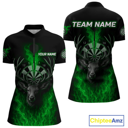 Custom Green Flames Dartboard Deer Funny Dart Women 1/4-Zip Shirt Dart Team Jerseys NYN1634