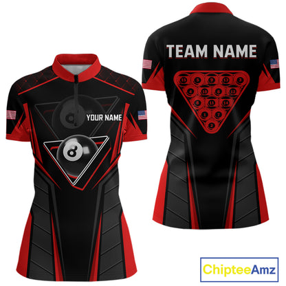 Black And Red Billiard Ball Pool Women Polo & 1/4-Zip Shirt Custom 8 Ball 3D Billiards Jerseys NYN2451