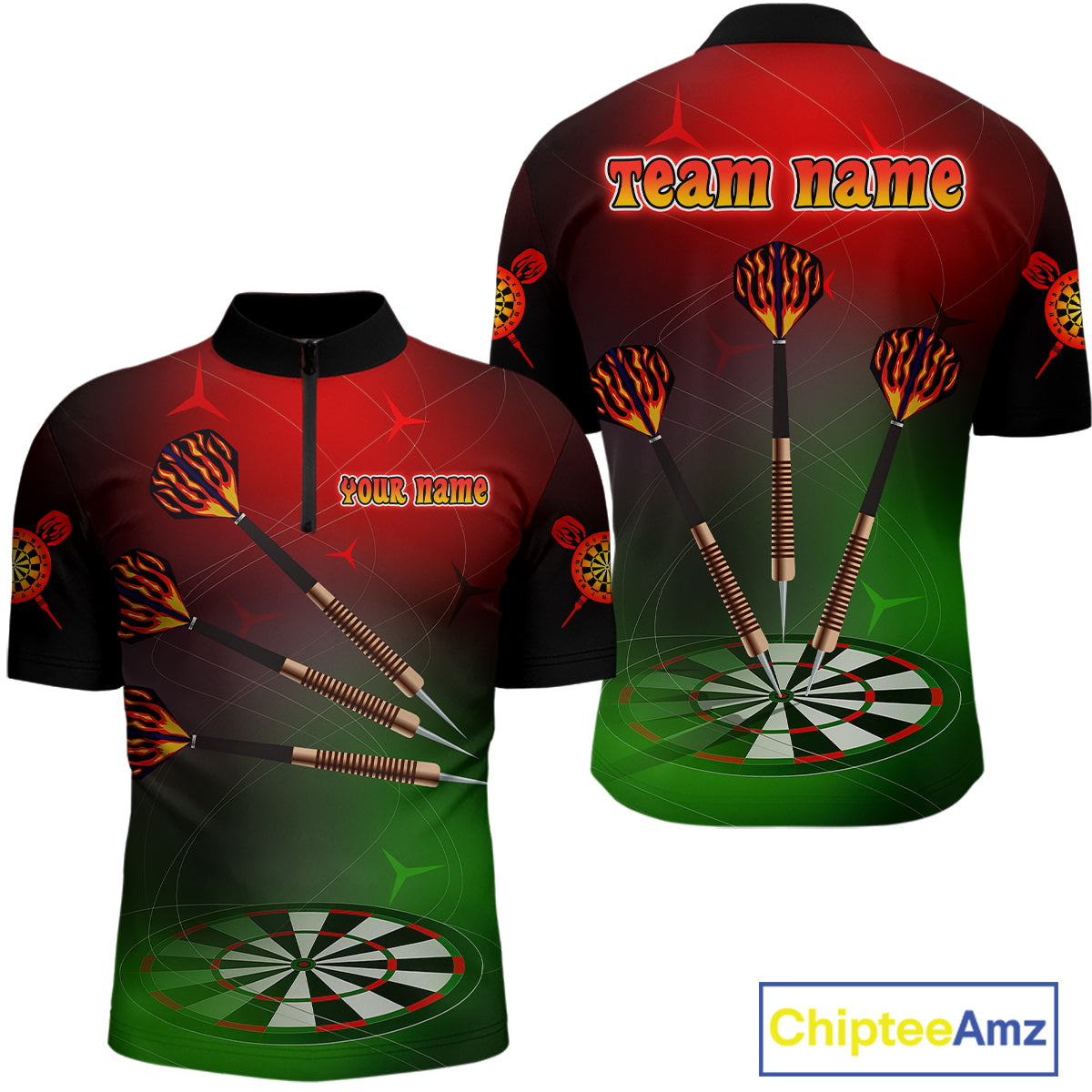 Men’s Personalized Darts Shirts With Multi-Color Dartboard And Flame Dart Arrows NYN0260