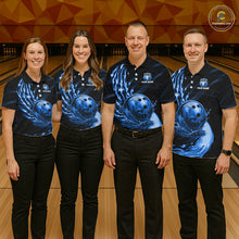 Load image into Gallery viewer, Bowling team wearing blue water flame bowling ball and pins shirts custom bowling team jerseys