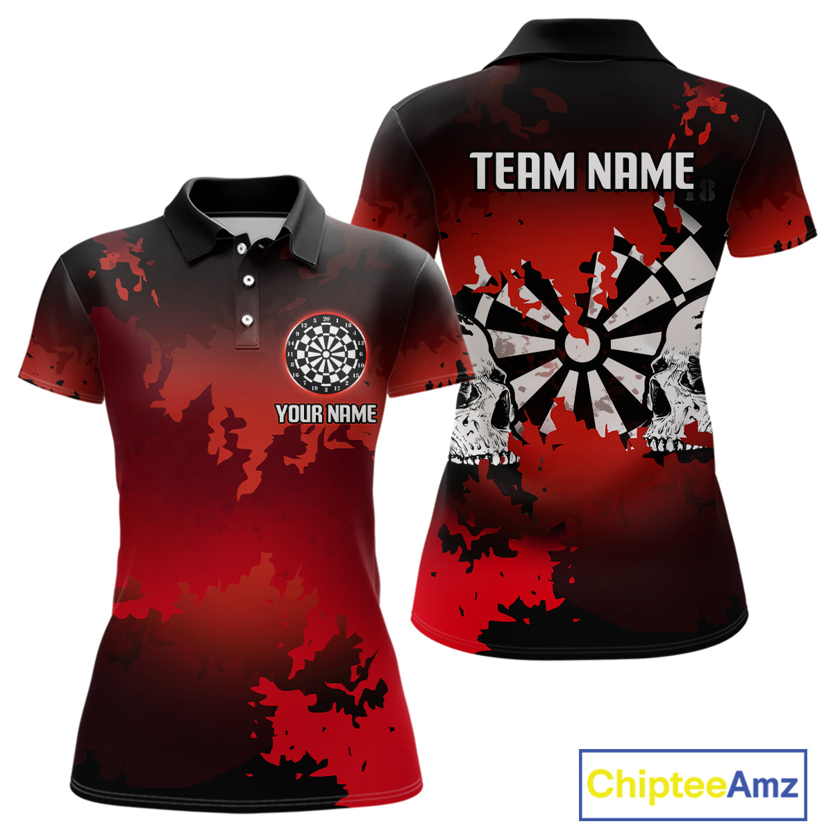 Women's Custom Darts Shirt With Grunge Red Camo Broken Dartboard & Skull Art NYN0269