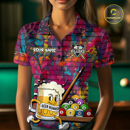 Funny Beer Play Pool 8 Ball Women's Billiard Team Shirt Custom Colorful Splatter Billiard Attire NYN2476