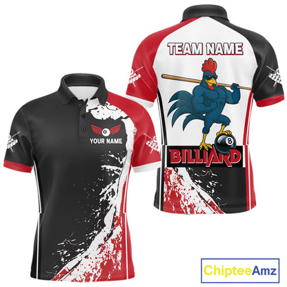 Funny Rooster Play Pool 8 Ball Men's Billiard Shirt Custom Billiard Polo & 1/4 Zip Attire|Red NYN2478