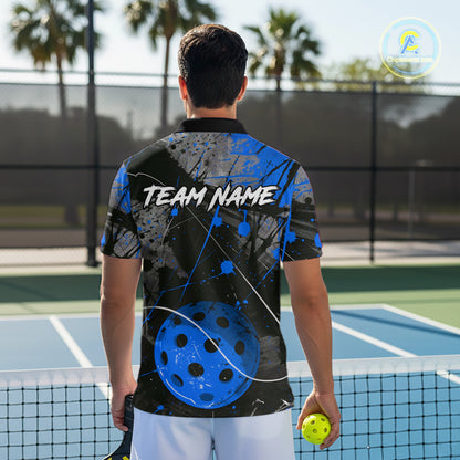 Custom Black Grunge Blue Pickleball Ball T-Shirt For Men Splatter Pickleball Jerseys NYN2482