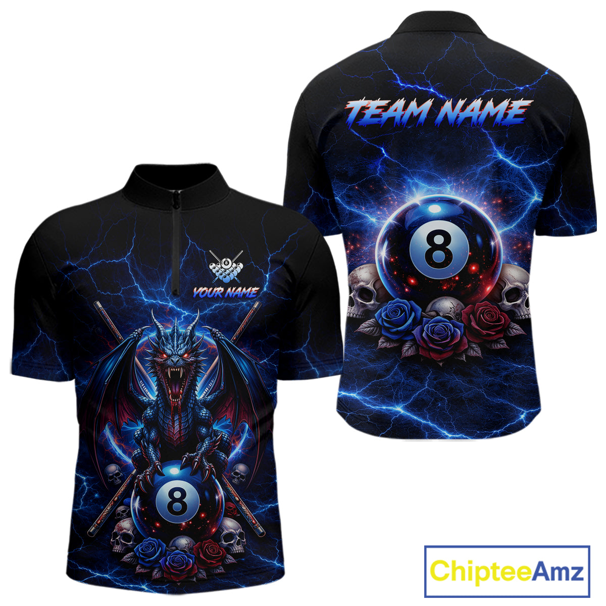 Custom Dragon Roses 8 Ball Billiard Pool Shirt For Men Thunder Blue Red Skull Team Billiard Jersey NYN3068