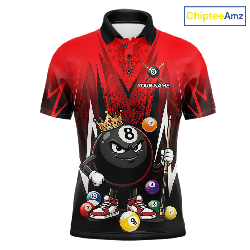 Black & Red Funny Crown 8 Ball Billiard Shirt For Men Custom 8 Ball Pool Polo & 1/4 Zip Jersey NYN3785