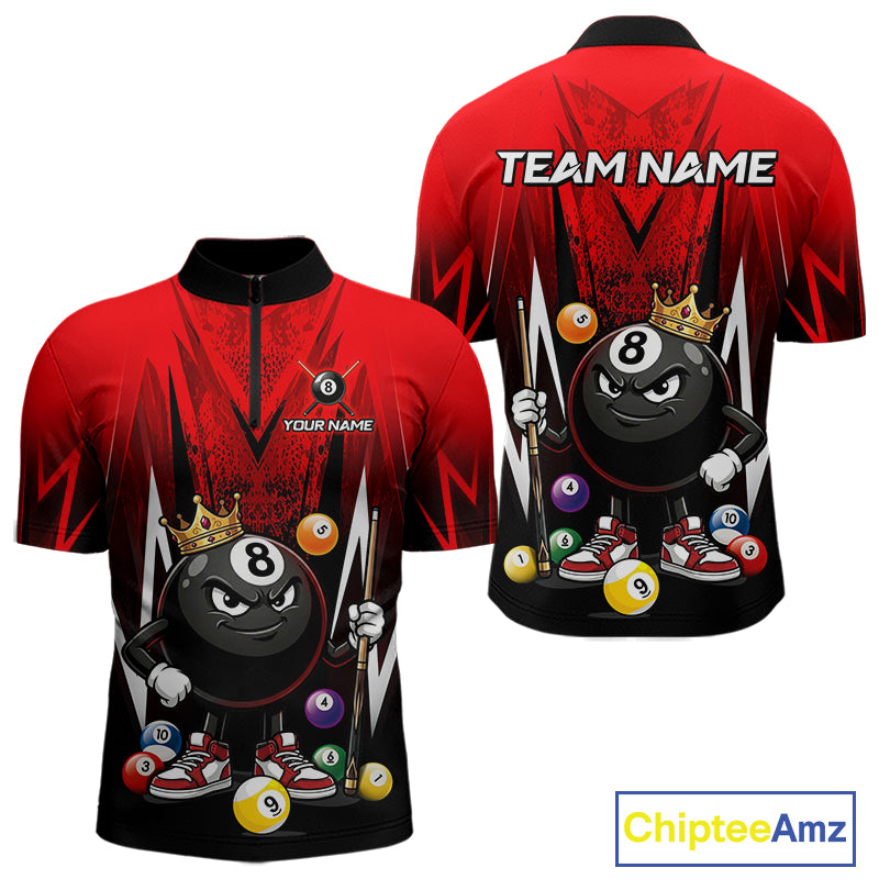 Black & Red Funny Crown 8 Ball Billiard Shirt For Men Custom 8 Ball Pool Polo & 1/4 Zip Jersey NYN3785