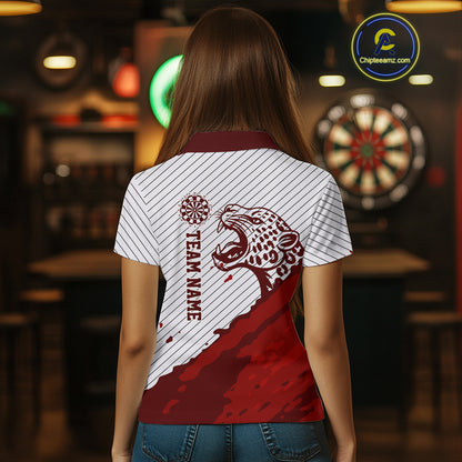 Personalized White And Red Striped Leopard Darts Polo Shirts For Women Dart Team Jerseys NYN2197