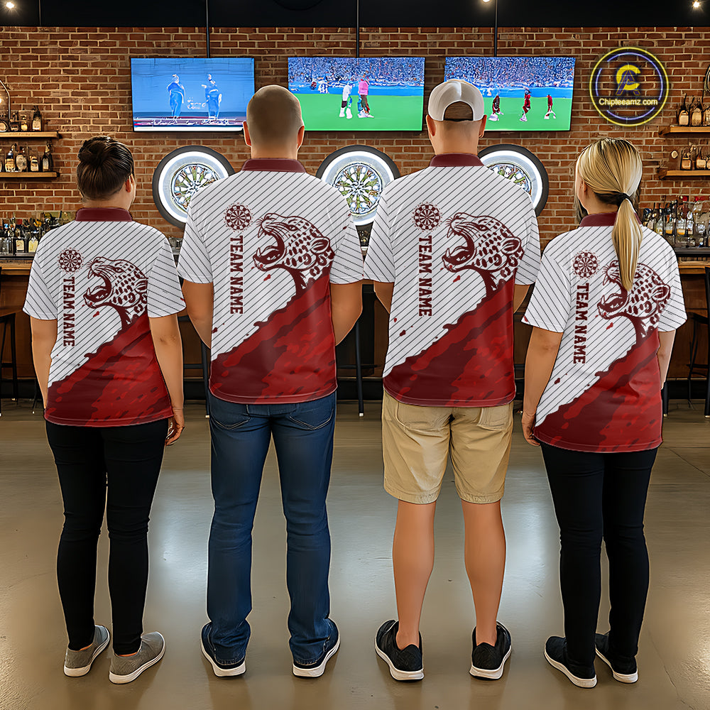 Personalized White And Red Striped Leopard Darts Polo Shirts For Men Dart Team Jerseys NYN2197