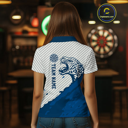 Personalized White And Blue Striped Leopard Darts Polo Shirts For Women Dart Team Jerseys NYN2198
