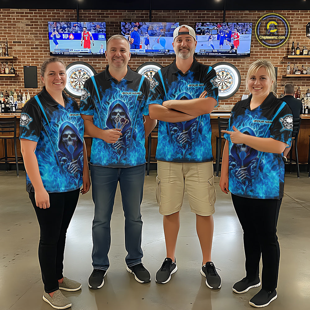 Personalized Blue Flaming Grim Reaper Women Darts Polo League Shirts Outfits Dart Jerseys NYN2208