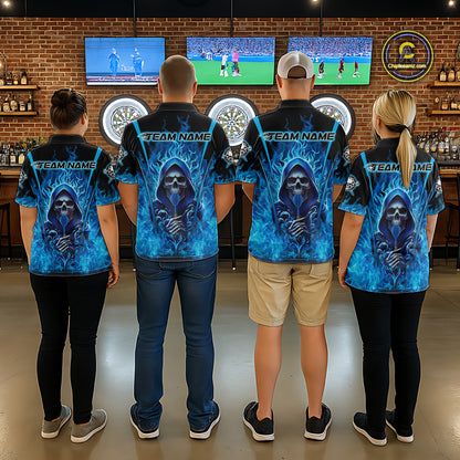 Personalized Blue Flaming Grim Reaper Women Darts Polo League Shirts Outfits Dart Jerseys NYN2208