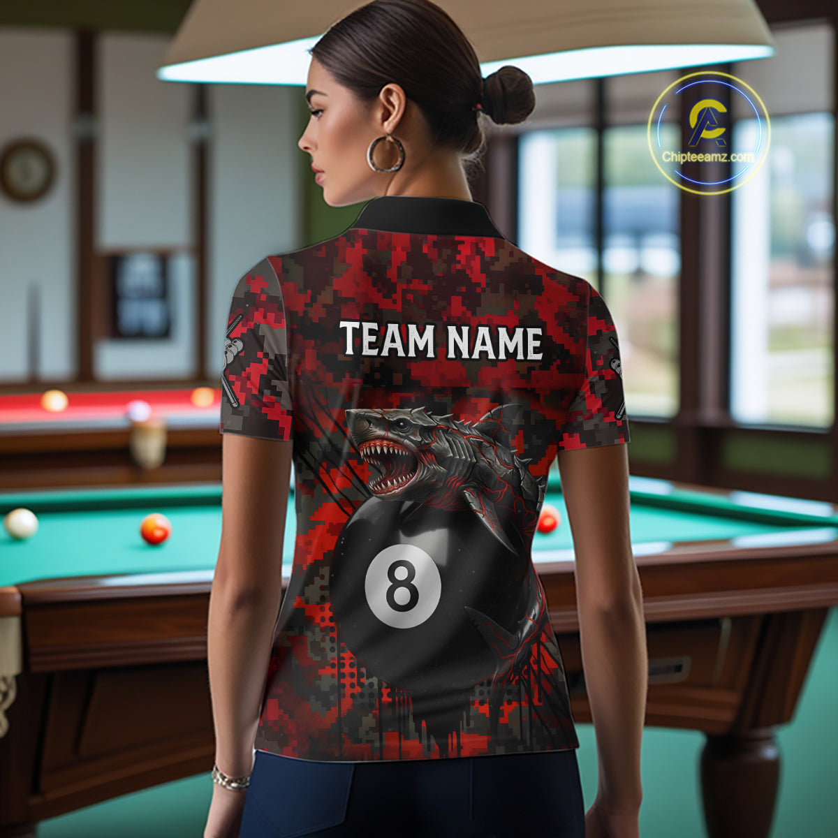 Horror Shark Play Pool 8 Ball Women's Billiard Team Shirt Custom Red Camouflage Billiard Attire NYN2499
