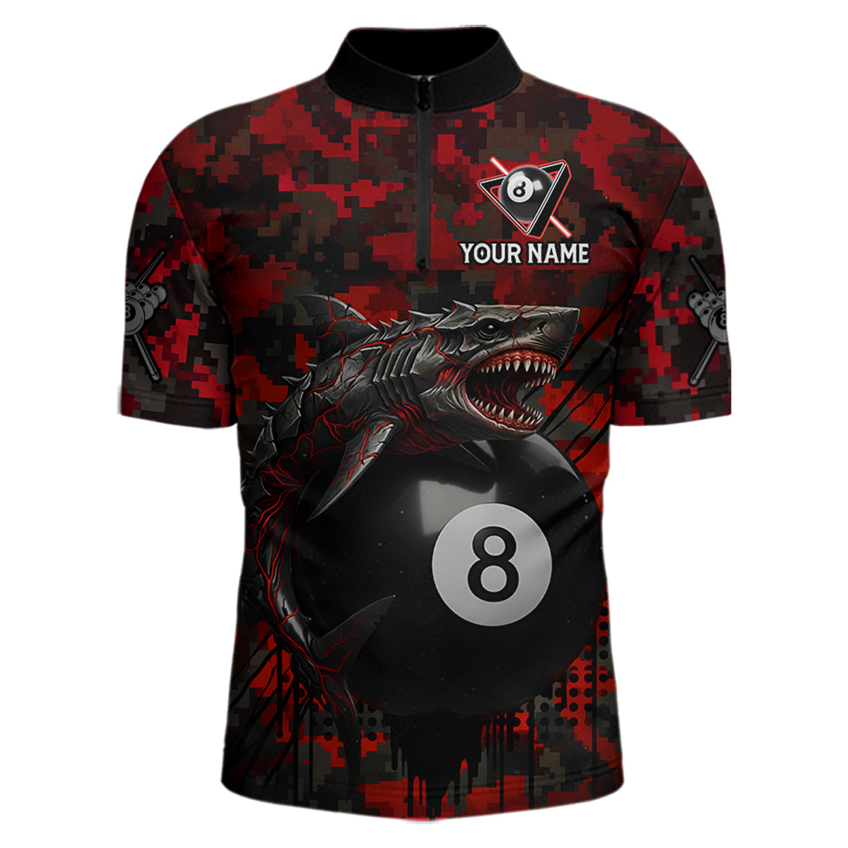 Horror Shark Play Pool 8 Ball Men's Billiard Team Shirt Custom Red Camouflage Billiard Attire NYN2499