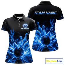 Load image into Gallery viewer, Blue Flames Bowling Ball and Pins women's bowling polo shirt custom thunder lightning bowling team jersey