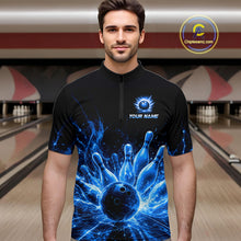 Load image into Gallery viewer, Male bowler wearing Blue Flames Bowling Ball and Pins bowling jersey during league competition