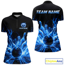 Load image into Gallery viewer, Blue Flames Bowling Ball and Pins women's quarter zip bowling shirt custom bowling uniform, tournament apparel