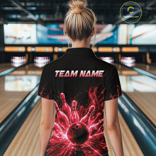 Load image into Gallery viewer, Female bowler wearing Red Flames Bowling Ball and Pins bowling jersey in tournament competition