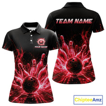 Load image into Gallery viewer, Red Flames Bowling Ball and Pins women's bowling polo shirt custom bowling team jersey, lightning bowling uniform