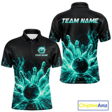 Load image into Gallery viewer, Teal Flames Bowling Ball and Pins men's bowling polo shirt custom thunder bowling team uniform
