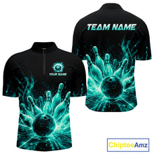 Load image into Gallery viewer, Teal Flames Bowling Ball and Pins men's quarter zip bowling shirt personalized bowling jersey