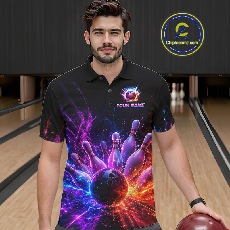 Male bowler wearing Colorful Flames Bowling Ball and Pins bowling jersey during tournament bowling event