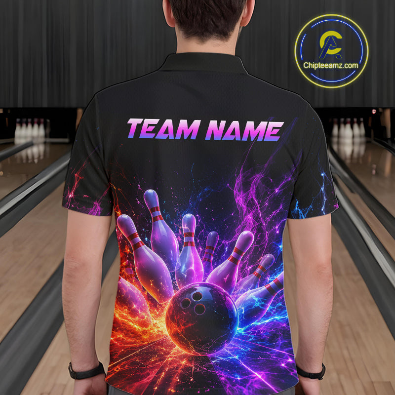 Male bowler wearing Colorful Flames Bowling Ball and Pins bowling jersey during tournament bowling event
