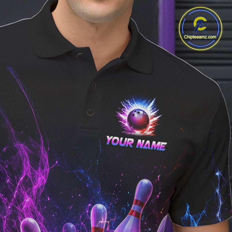 Male bowler wearing Colorful Flames Bowling Ball and Pins bowling jersey during tournament bowling event