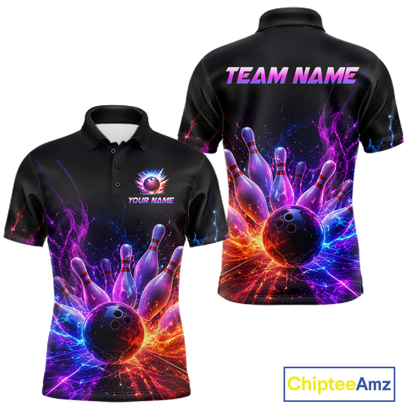 Colorful Flames Bowling Ball and Pins men's bowling polo shirt custom bowling team jersey, vibrant bowling apparel