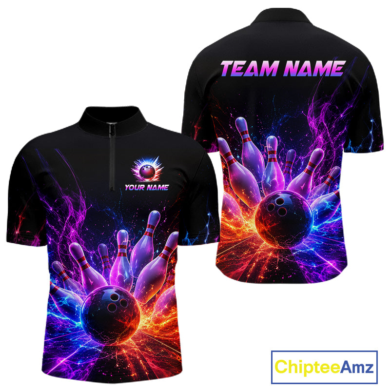 Colorful Flames Bowling Ball and Pins men's quarter zip bowling shirt personalized bowling uniform