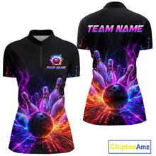 Load image into Gallery viewer, Colorful Flames Bowling Ball and Pins women's quarter zip bowling shirt personalized bowling uniform