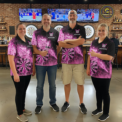 Custom Smoke Pink Fire Flaming Dart Arrow Men Darts Polo League Shirts Dart Team Jerseys NYN2213
