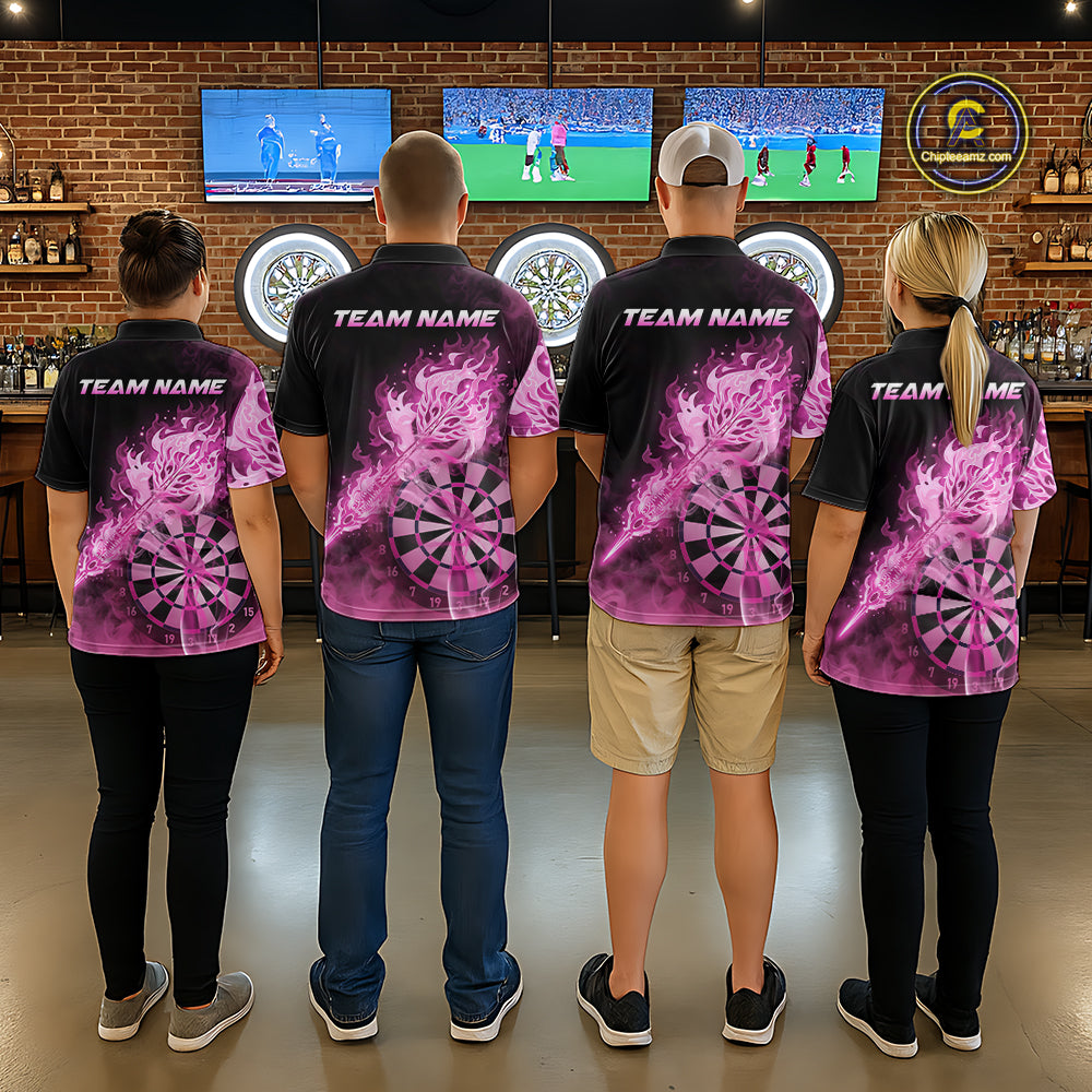 Custom Smoke Pink Fire Flaming Dart Arrow Men Darts Polo League Shirts Dart Team Jerseys NYN2213