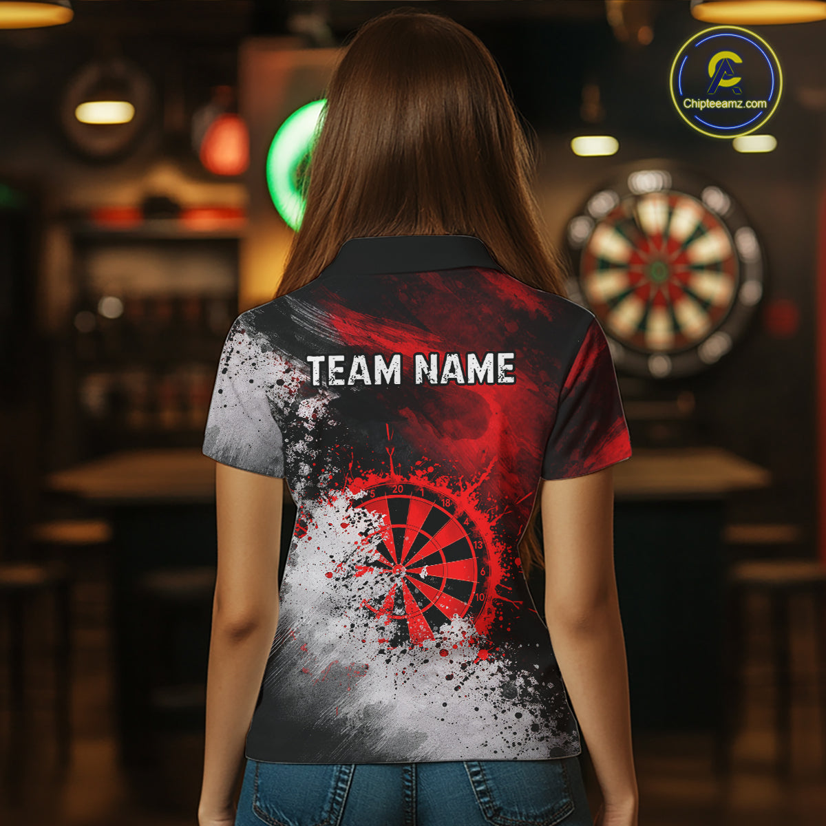 Custom Grey & Red Grunge Paint Dartboard Darts Polo Shirt For Women Outfit Dart Team Jerseys NYN2509