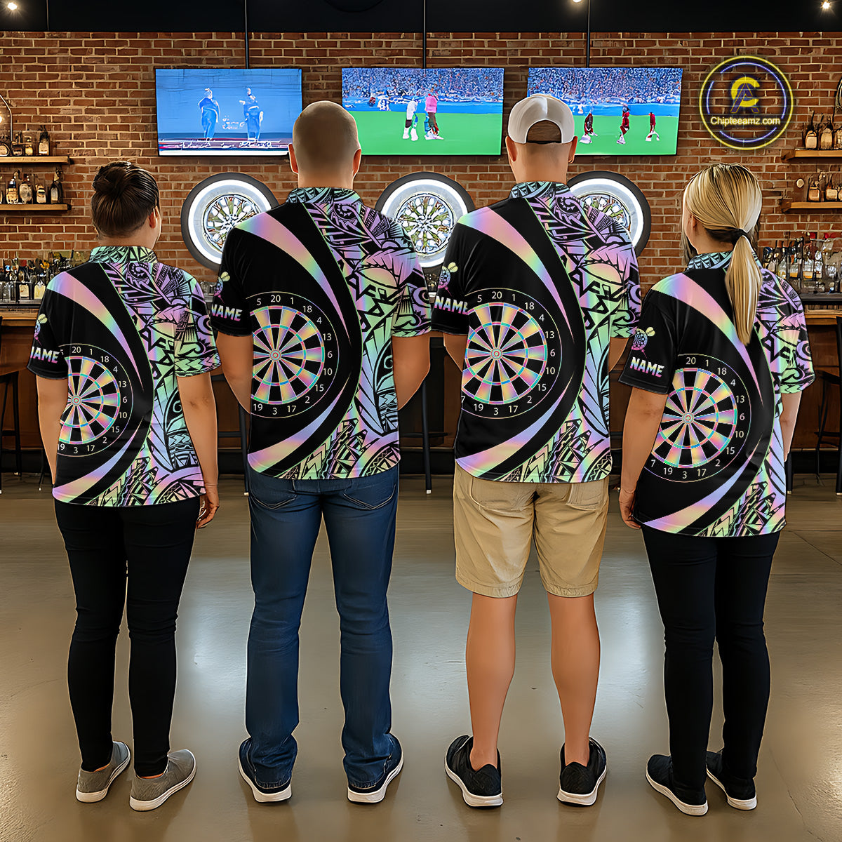 Black & Holographic Rainbow Tribal Dartboard Darts Quarter-zip Shirt For Men Custom Dart Team Jerseys NYN2522
