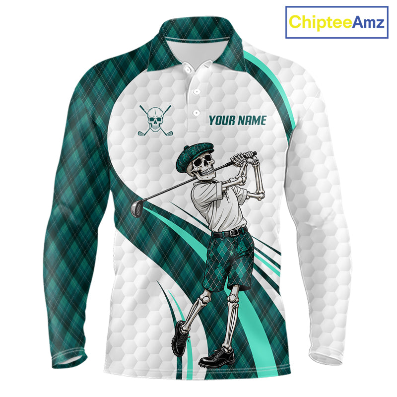 Custom Skeleton Golfer Golf Polo Shirts For Men Teal Argyle Pattern Golf Team Clothing NYN3265