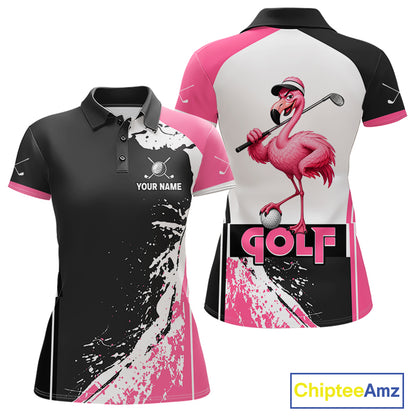 Funny Flamingo Women's Golf Polo Shirt mockup with pink splatter design, personalized golf polo, tropical golf apparel, custom golf team clothing, breathable performance golf shirt.