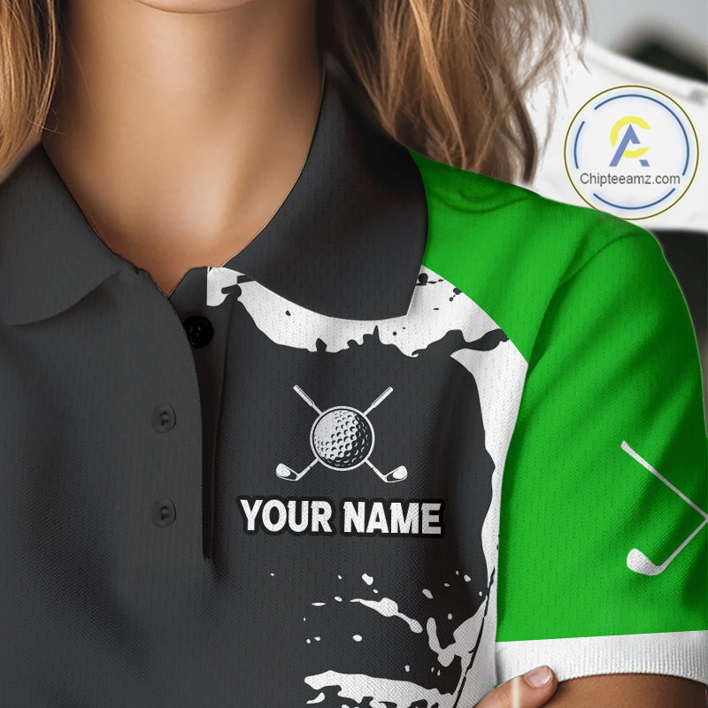Women's model wearing Funny Alligator Golf Polo Shirt, Florida golf apparel, alligator mascot sportswear, personalized golf clothing, custom golf team fashion.