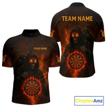 Load image into Gallery viewer, Custom Red Flames Raven Grim Reaper Dartboard Dart 1/4-Zip Shirt For Men Dart Outfit Jersey NYN1452