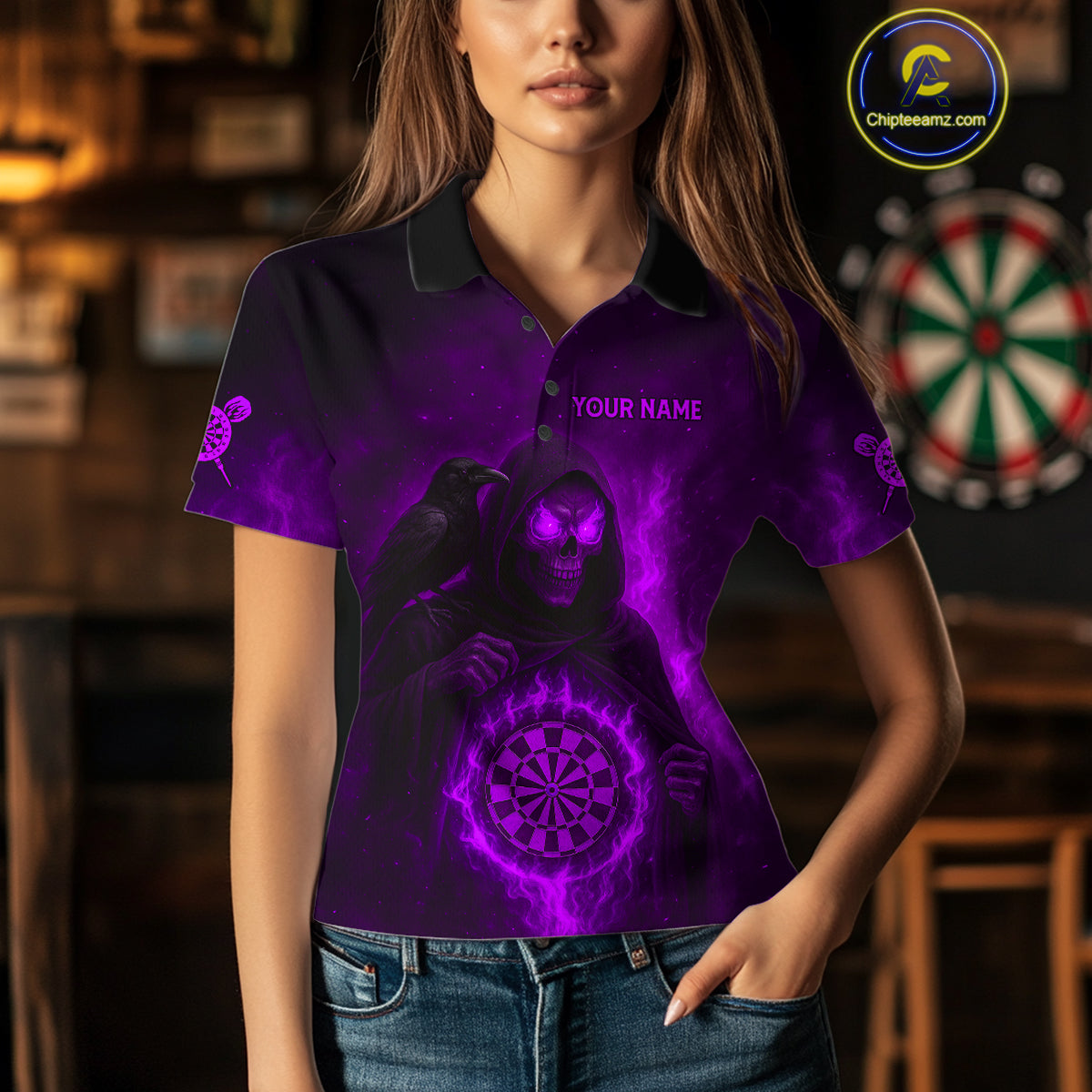 Custom Purple Flames Raven Grim Reaper Dartboard Dart Polo Shirt For Women Dart Outfit Jersey NYN1453