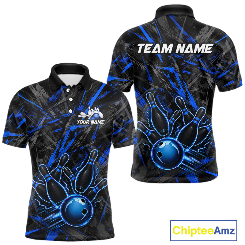 Black And Blue Strikes Grunge Bowling Polo & 1/4-Zip Shirt For Men Custom Thunder Bowling Team Jersey NYN3267