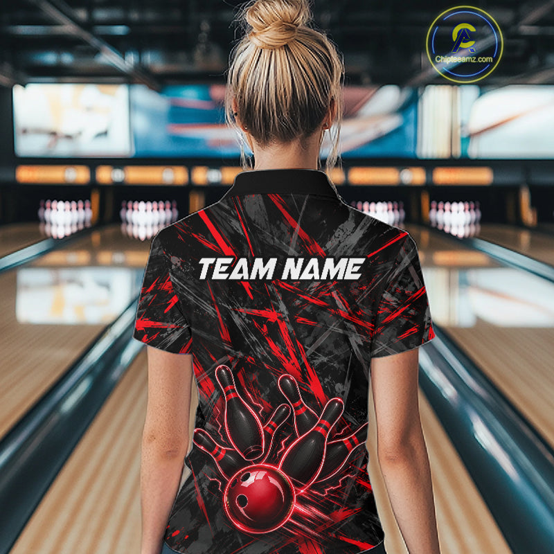 Black And Red Strikes Grunge Bowling Polo & 1/4-Zip Shirt For Women Custom Thunder Bowling Team Jersey NYN3268