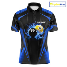 Load image into Gallery viewer, Custom 8 Ball &amp; 9 Ball men's billiard polo shirt, personalized thunder billiard team jersey, blue pool league shirt, custom pool player apparel, professional billiard uniform