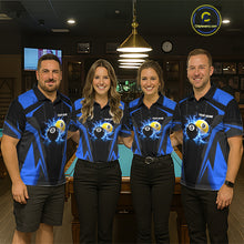 Load image into Gallery viewer, Men women billiard team wearing Custom 8 Ball &amp; 9 Ball thunder pool jerseys, personalized billiard league uniforms, tournament team apparel