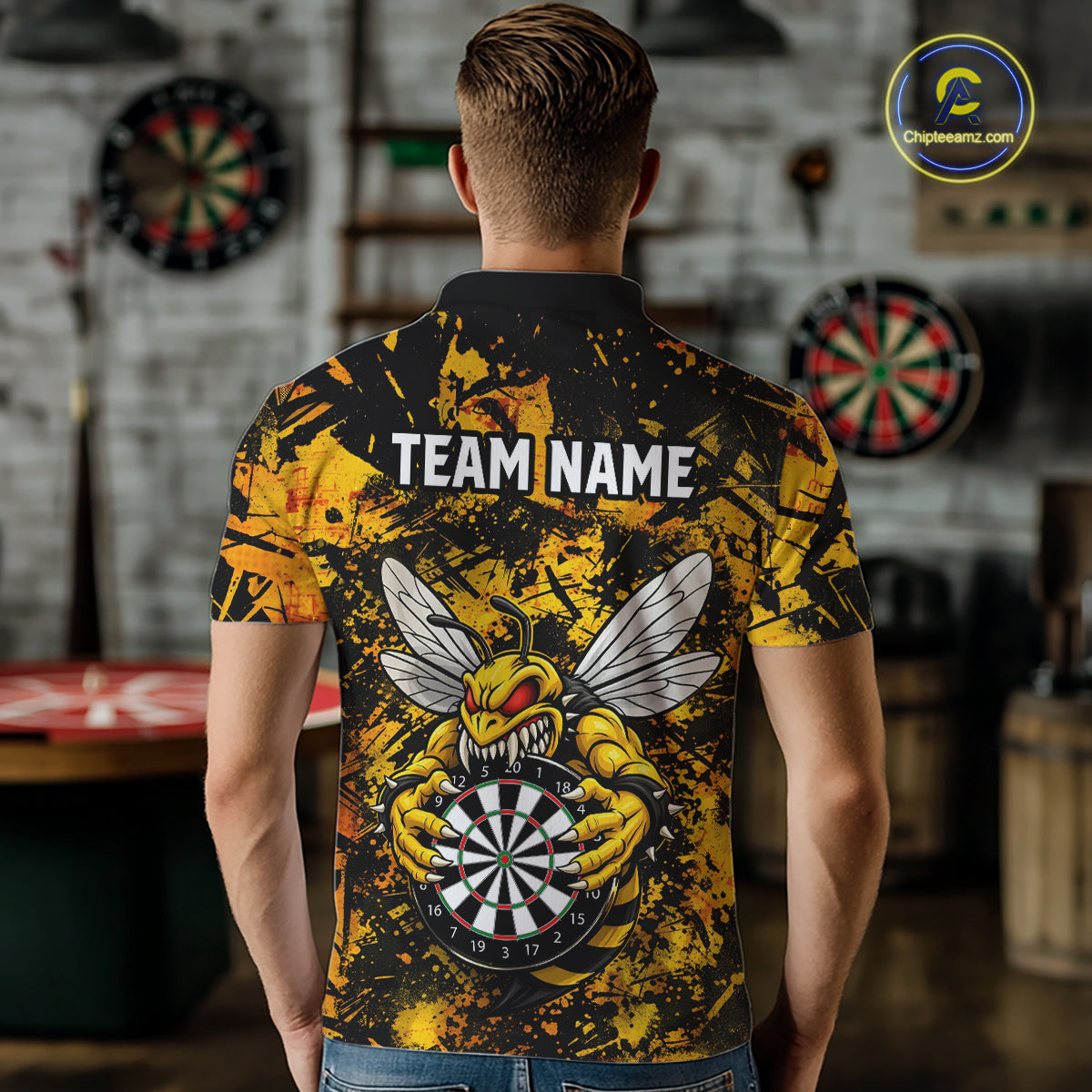 Yellow Black Grunge Bee Darts Shirt Custom Name Darts Shirts For Men Funny Darts Team Jerseys NYN2898