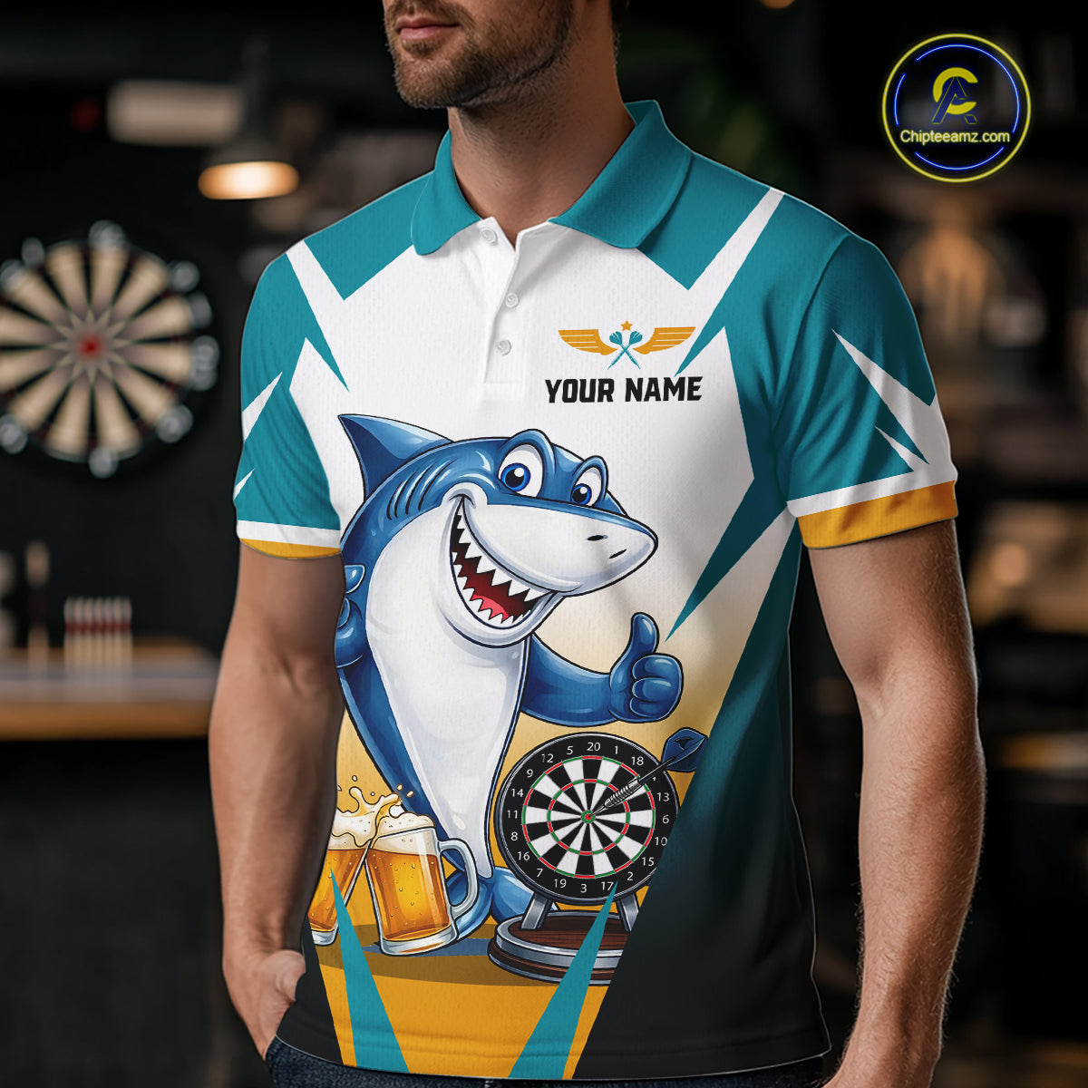 Custom Funny Shark And Cheer Beers Darts Polo & 1/4-Zip For Men Colorful Outfit Dart Team Attire NYN2904