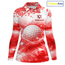 Load image into Gallery viewer, Red women's golf polo shirt with water splash golf ball design, custom golf team shirt, ladies golf apparel, tournament golf clothing