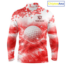 Load image into Gallery viewer, Red men's golf long sleeves polo shirt with water splash golf ball design, custom golf team shirt, men's golf apparel, tournament golf clothing